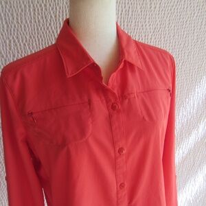REI Womens Shirt Top L Coral orange Long Sleeve 4 Zippers Button Hiking Vented